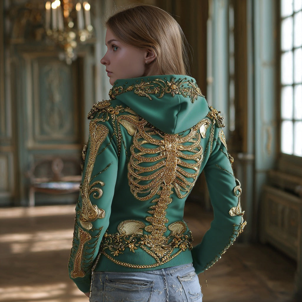 Women's Gothic Skull And Floral Embroidered Hoodie