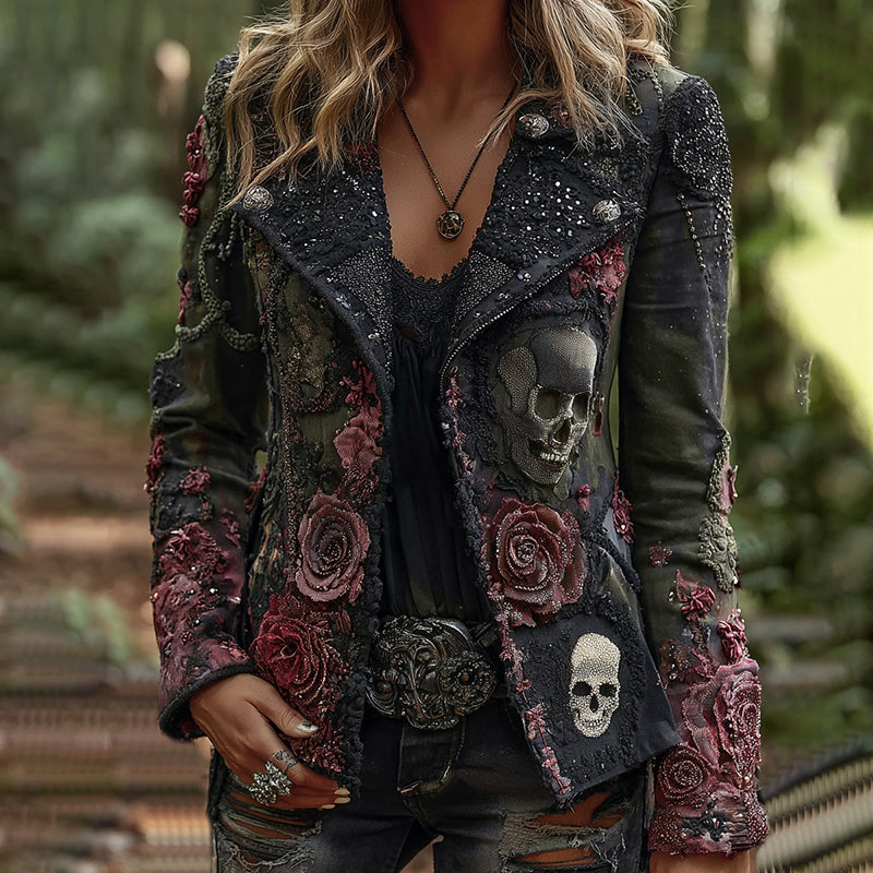 Rose Skull Embroidered Gothic Rock Lapel Denim Jacket