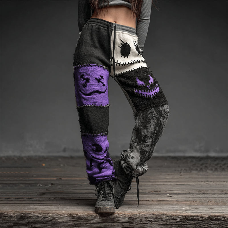 Halloween Spooky Faces Contrast Patchwork Sweatpants