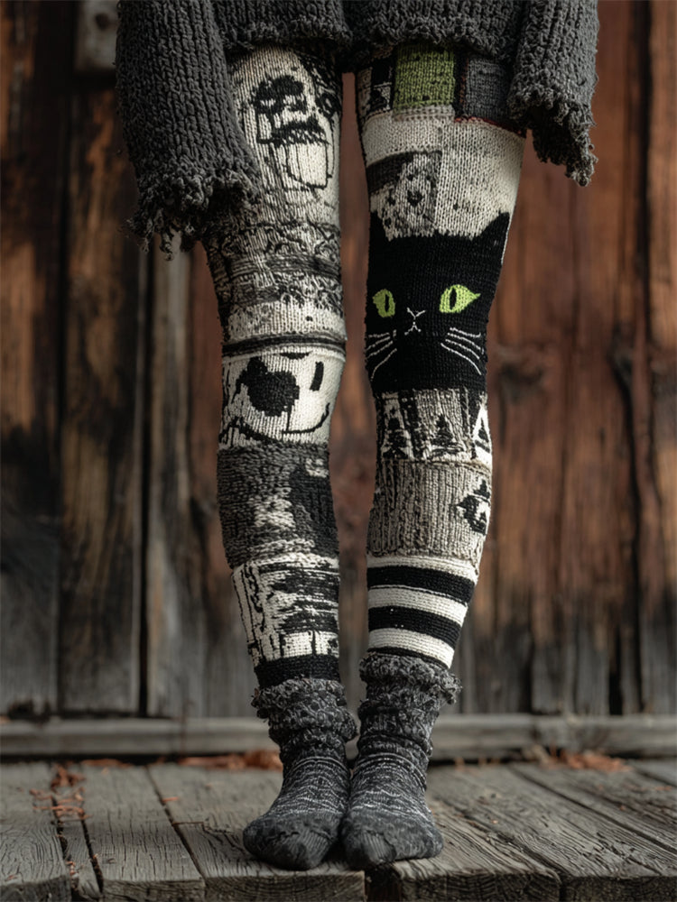 Halloween Black Cat Inspired Patchwork Cozy Knit Leggings