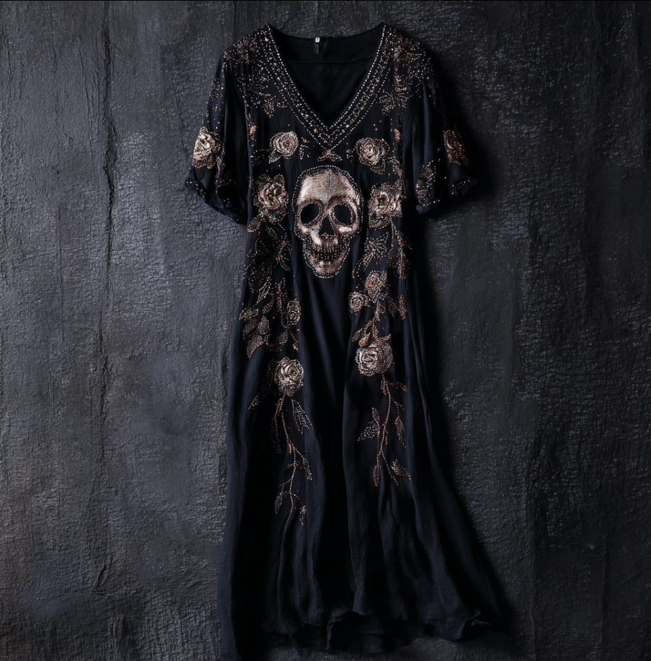 Halloween Skeleton Element V-neck Short Sleeve Dress