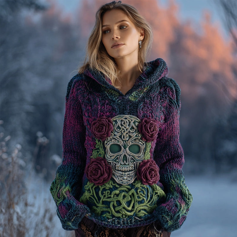 Vintage Roses Viking Celtic Skull Hooded Cozy Knit Sweater