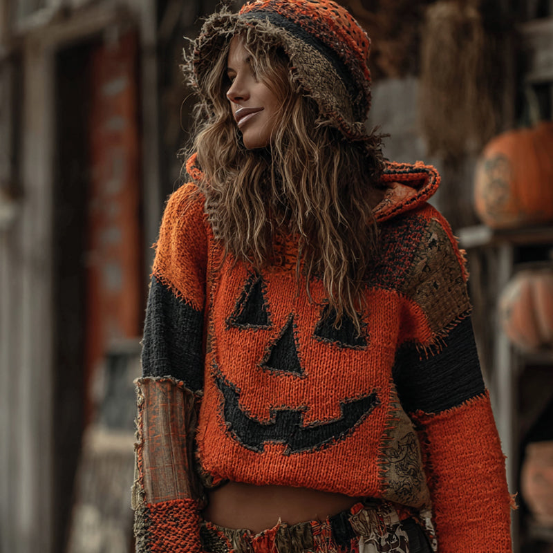 Halloween Pumpkin Face Art Cozy Knit Hooded Sweater