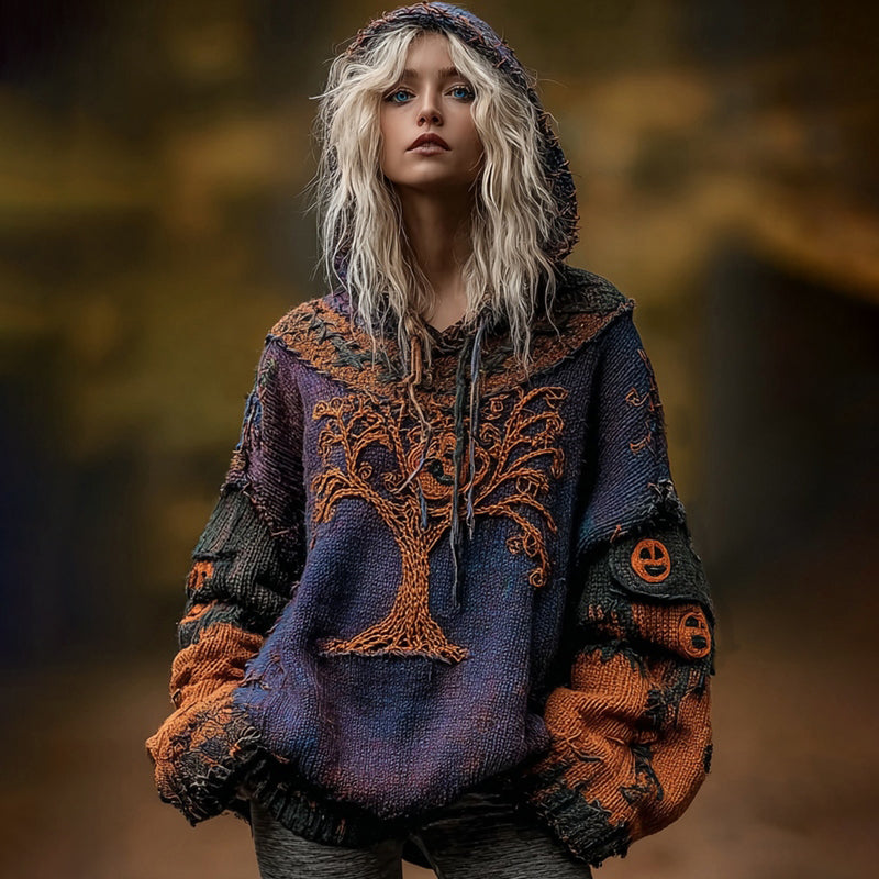 Tree Of Life Pumpkin Face Chunky Crochet Hooded Sweater