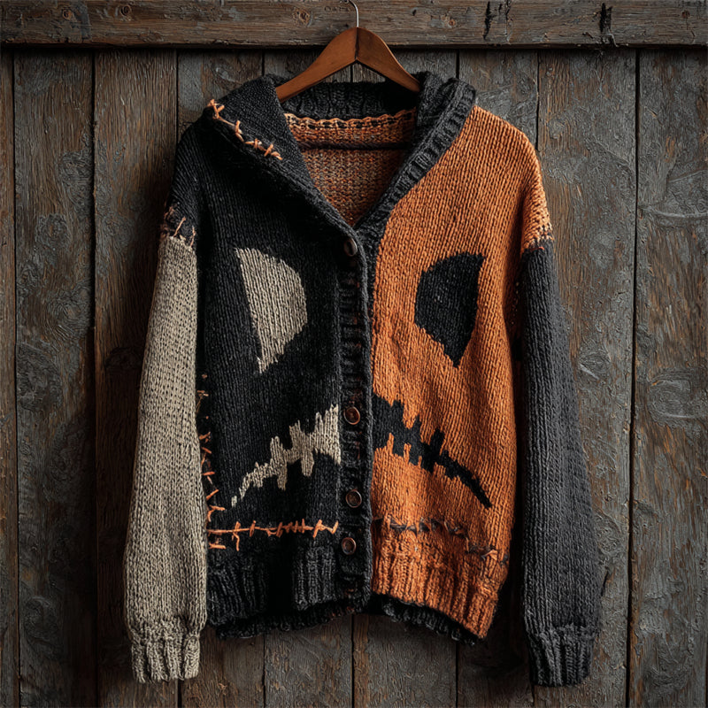 Halloween Spooky Face Contrast Stitched Cozy Knit Hooded Cardigan