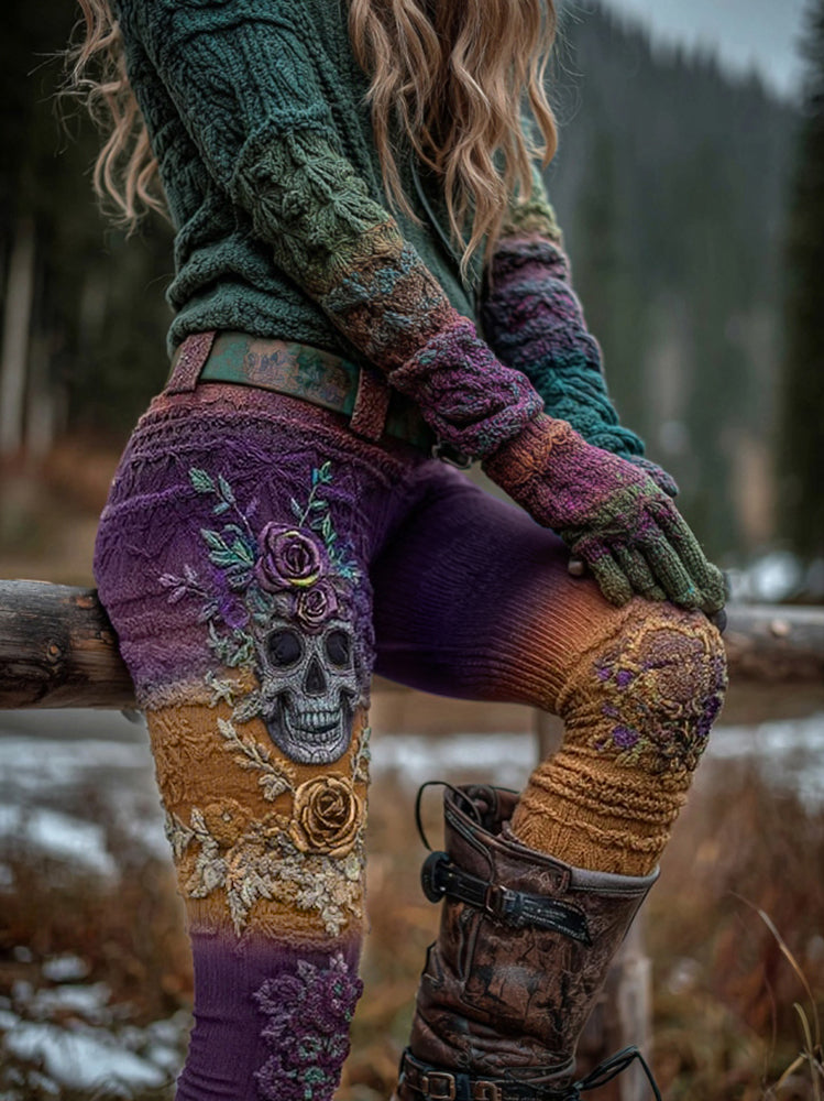 Women's Vintage Viking Skull And Rose Gradient Art Knit Leggings