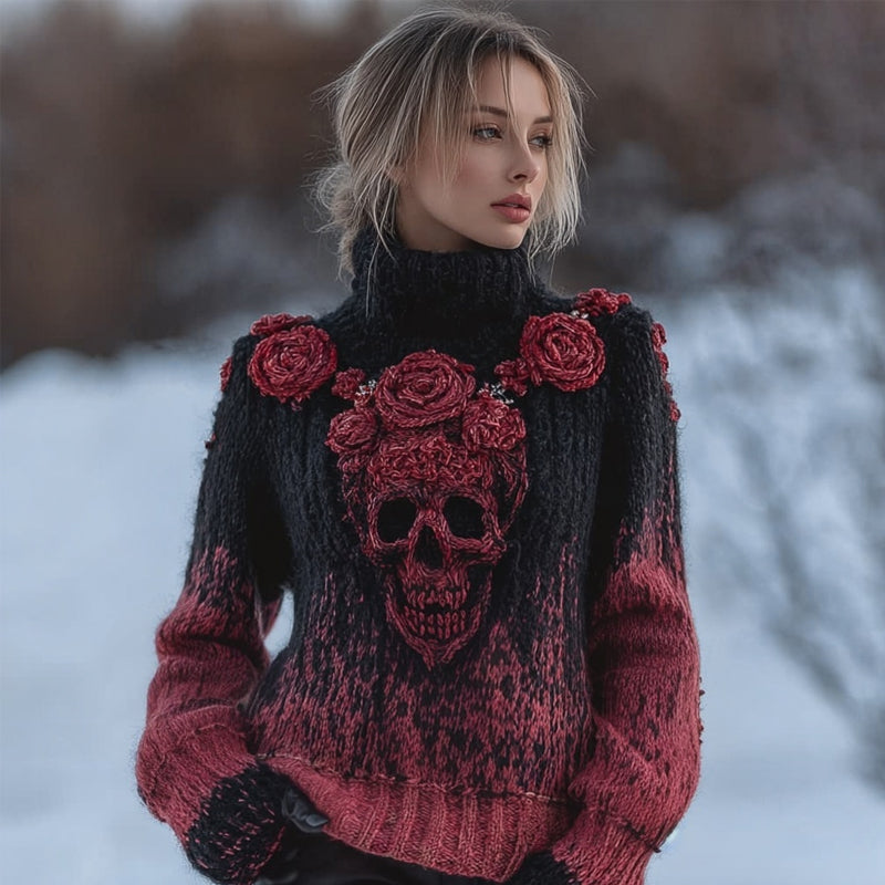 Vintage Red Roses Skull Gradient Cozy Knit Turtleneck Sweater