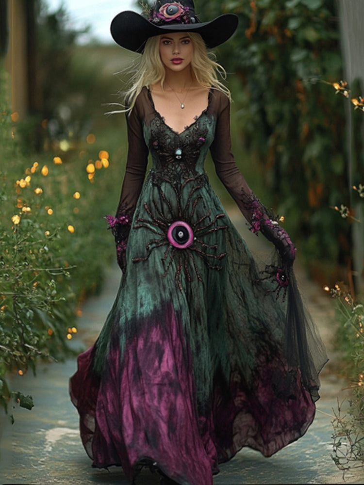 Women's Halloween Gradient Scary Spider Eyes Witch Maxi Dress