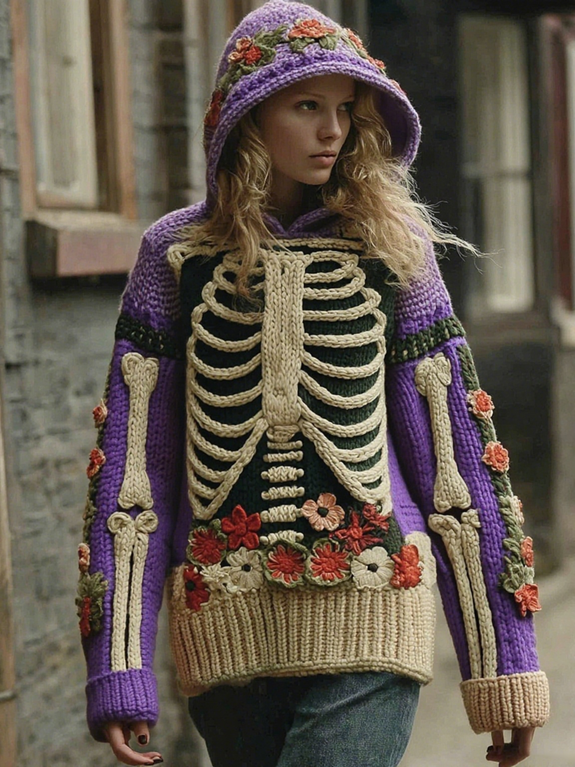 Vintage Halloween Anatomy With Floral Art Chunky Knitted Hooded Sweater