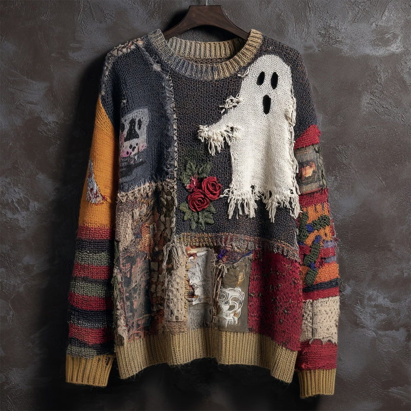Halloween Ghost & Roses Embroidered Patchwork Cozy Knitted Sweater