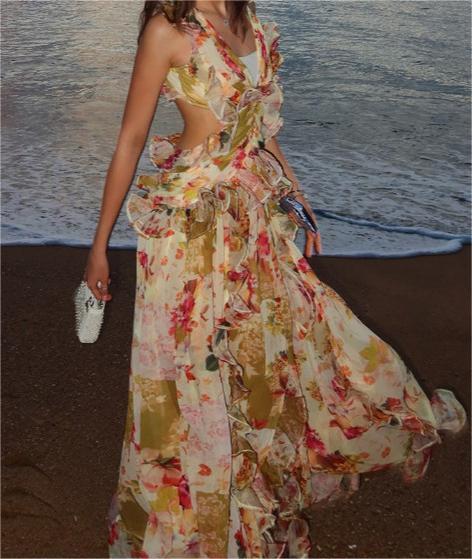 Floral Ruffled Cut - Out Maxi Dress