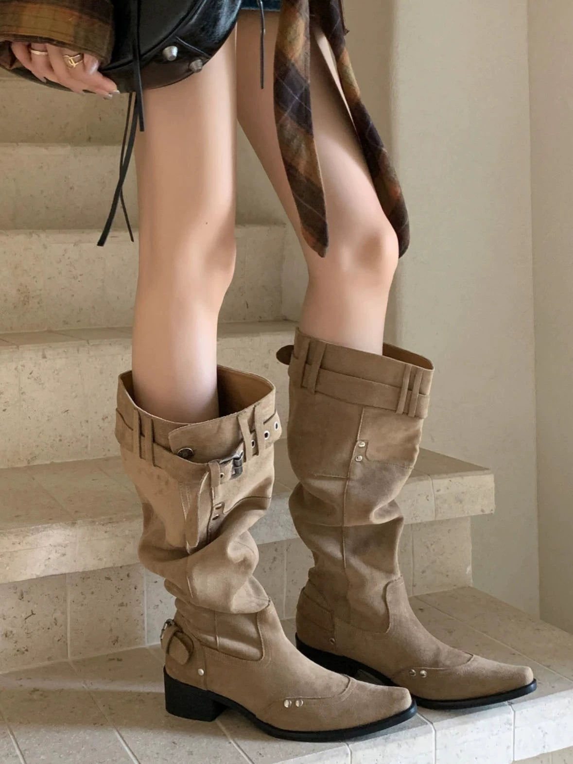 Large Tube Long Boots For Women With Knees 2025 New Thick Heel Slim Pointed Toe Belt Buckle Pleated Pile Boots