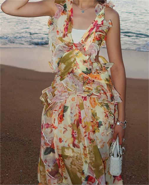 Floral Ruffled Cut - Out Maxi Dress