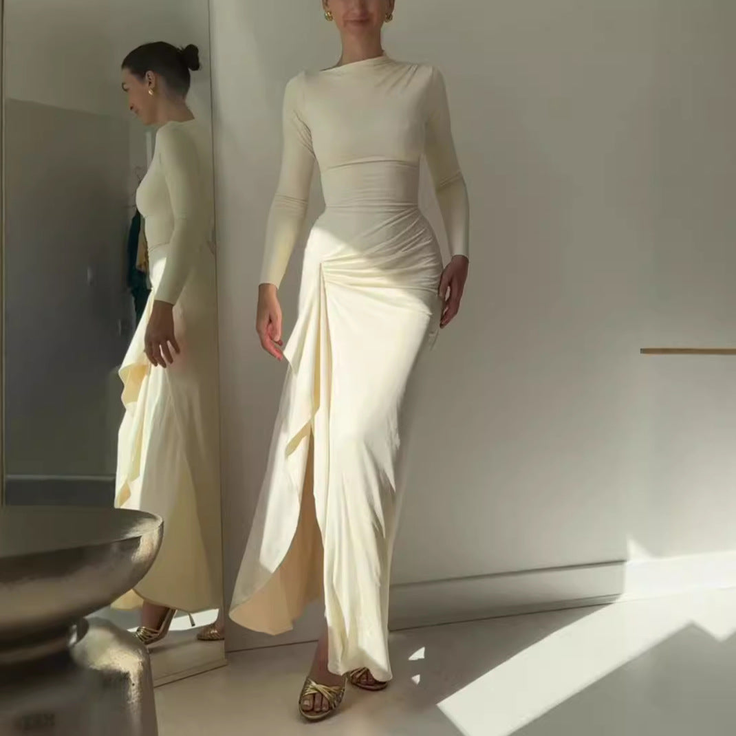 Ivory Ruched Asymmetric Maxi Dress