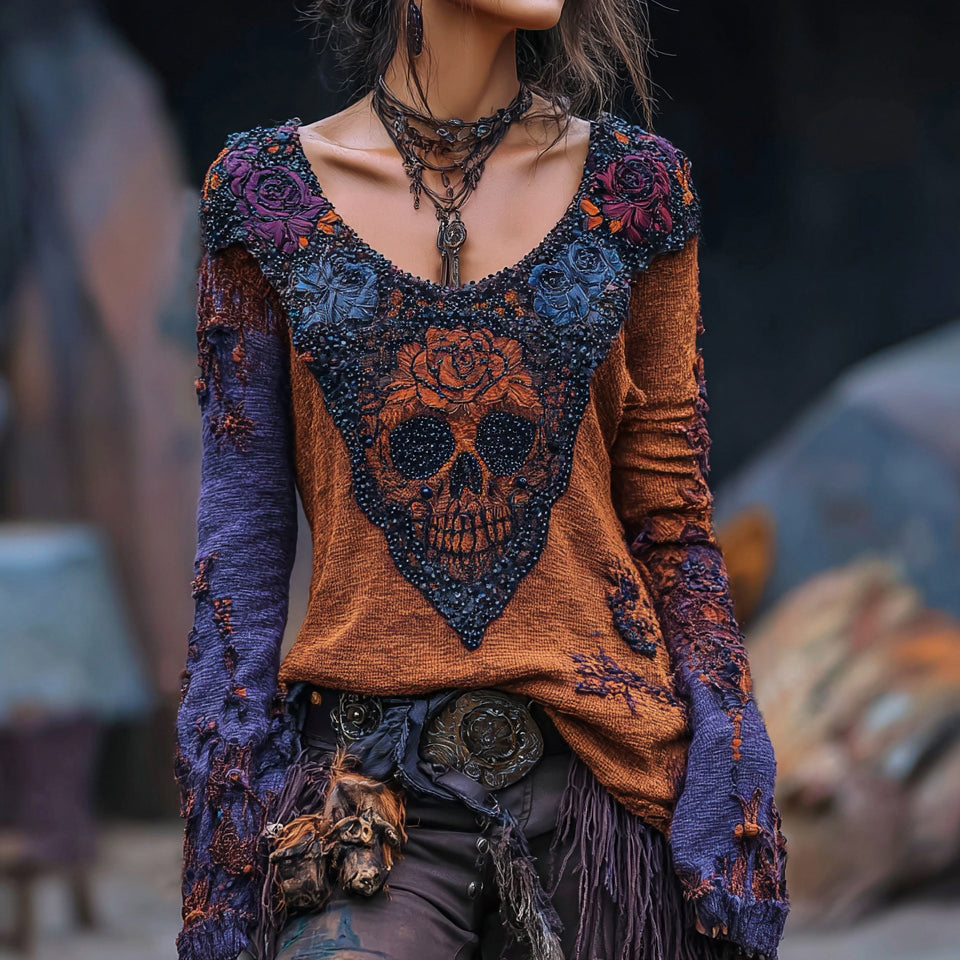 Rose Skull Contrast Round Neck T-shirt