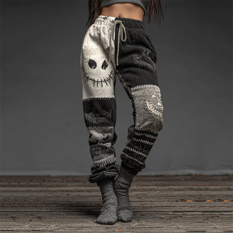 Halloween Spooky Faces Contrast Patchwork Washed Sweatpants
