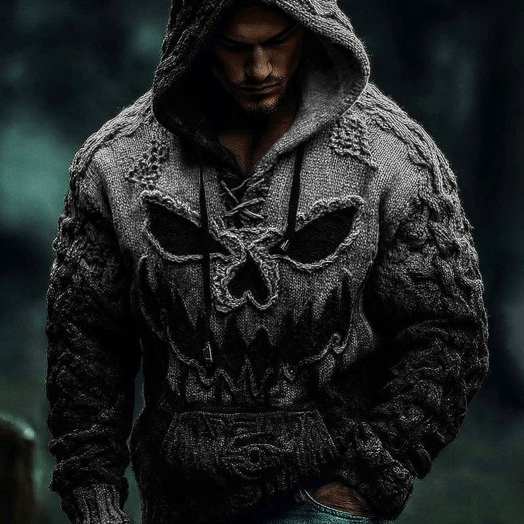 Men's Halloween Pumpkin Face Gradient Jacquard Knit Hooded Sweater