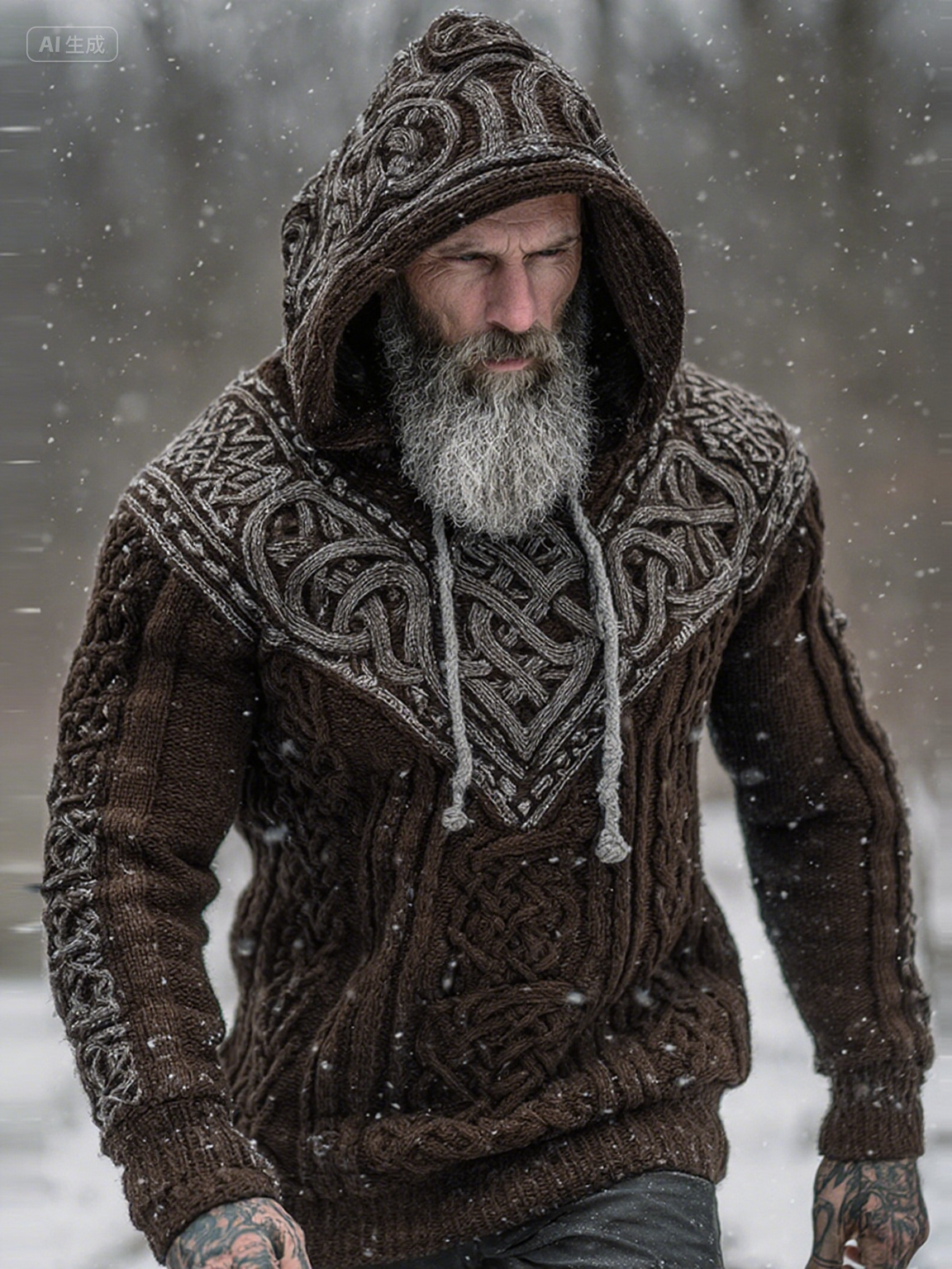 Men's Viking Tribal Jacquard Celtic Knotwork Inspired Chunky Knit Hooded Sweater