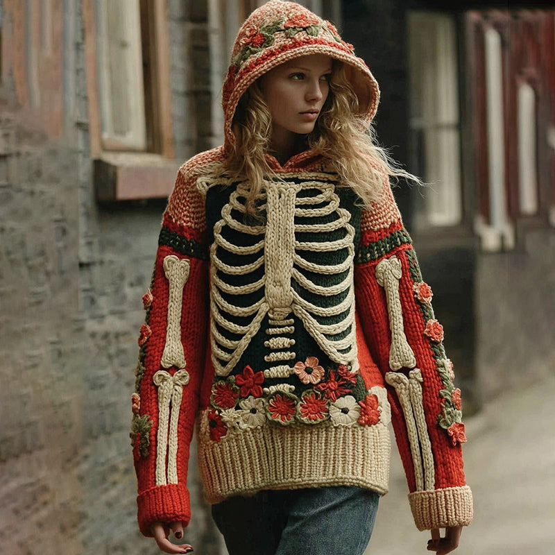 Vintage Halloween Anatomy With Floral Art Chunky Knitted Hooded Sweater