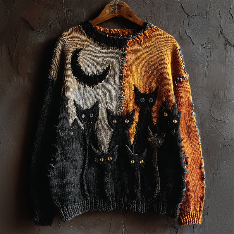 Halloween Night Black Cats Crochet Contrast Stitched Cozy Knit Sweater