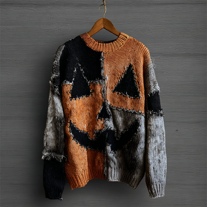 Halloween Pumpkin Face Colorblock Stitched Cozy Knit Sweater