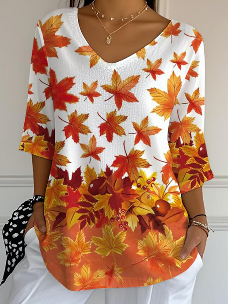 Women's Casual Autumn Maple Leaf Pumpkin Bubble Wrinkle Cotton And Linen Top