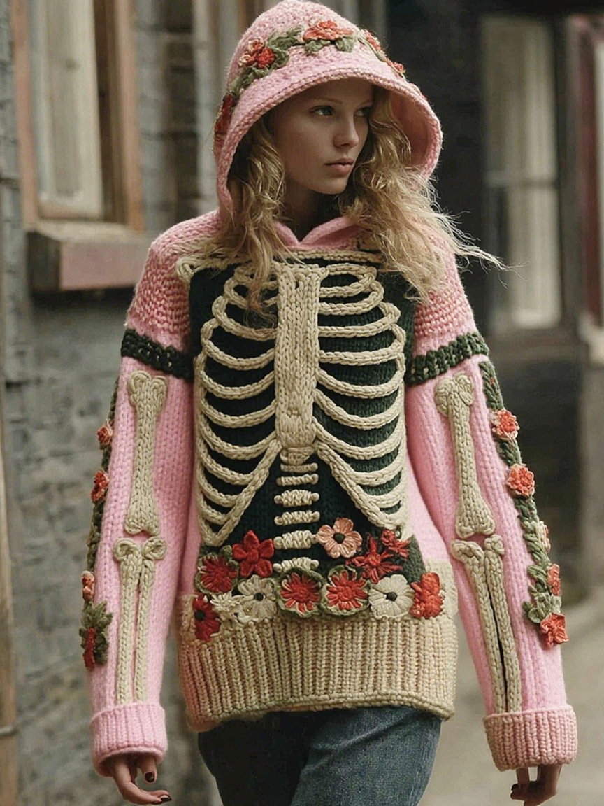 Vintage Halloween Anatomy With Floral Art Chunky Knitted Hooded Sweater