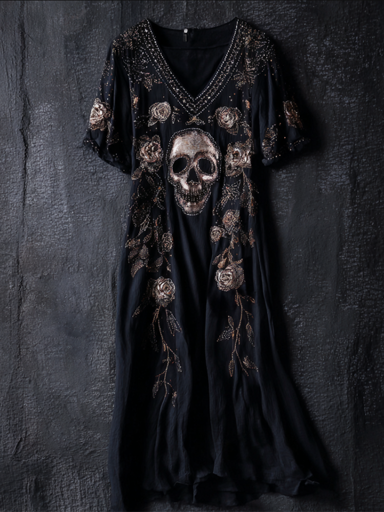 Halloween Skeleton Element V-neck Short Sleeve Dress