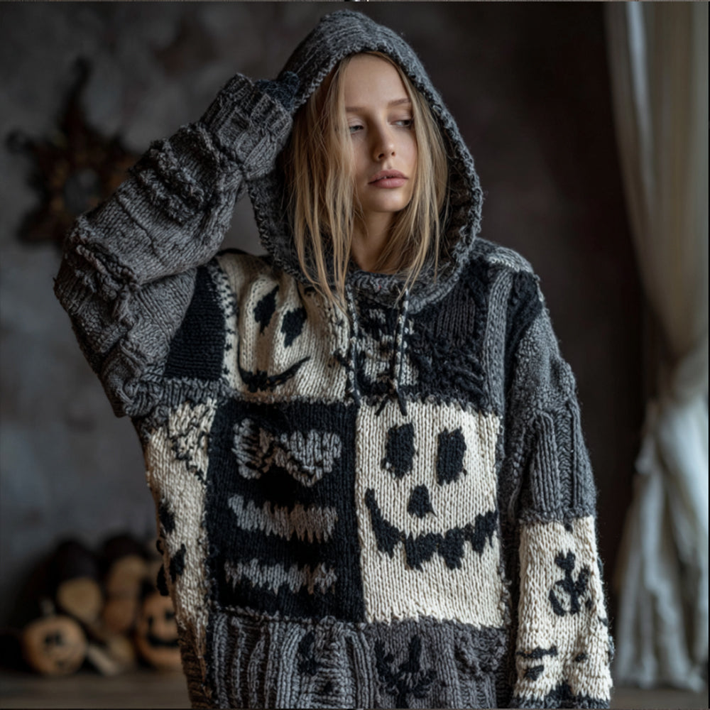 Halloween Patchwork Pumpkin Smiley Face Hooded Sweater