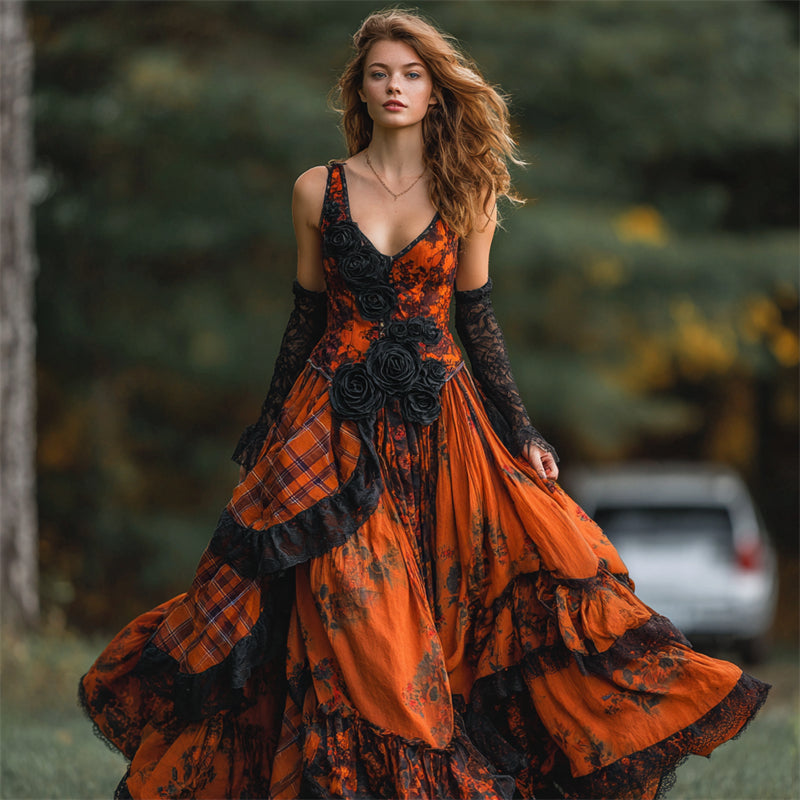 Vintage Gothic Black Roses Plaid Flowy Maxi Dress