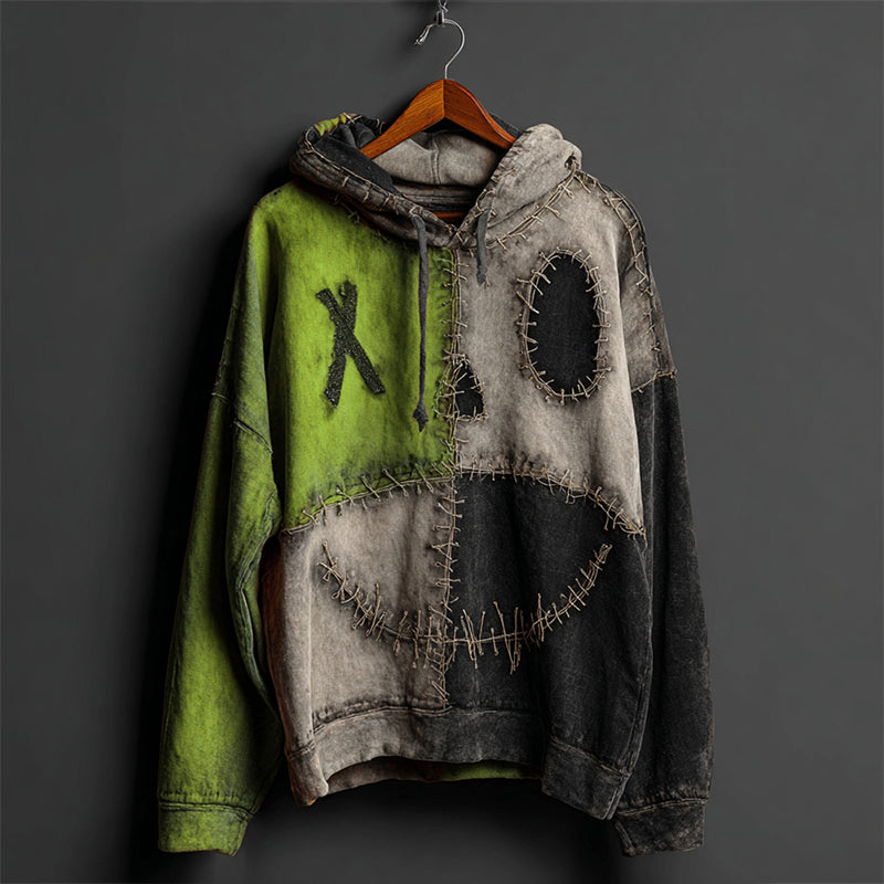 Halloween Pumpkin Face Colorblock Patchwork Hoodie