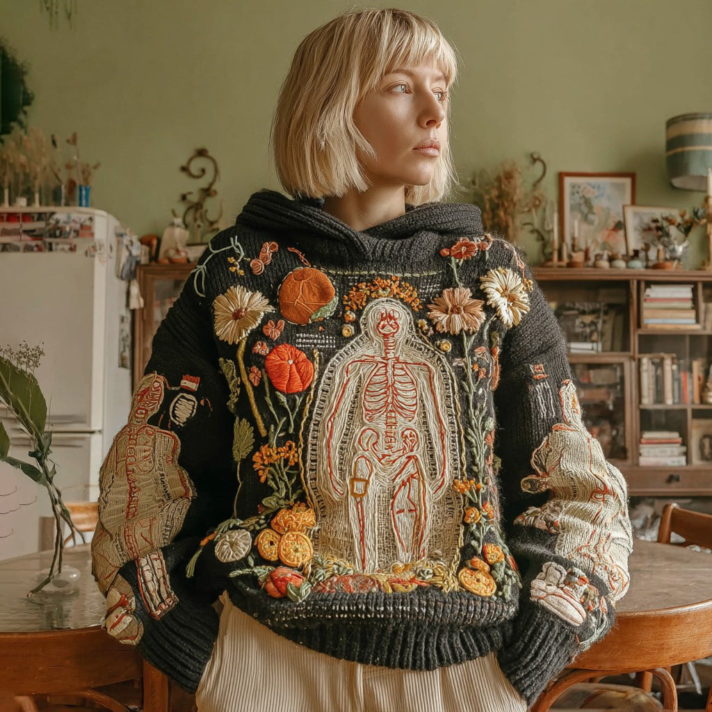 Vintage Halloween Anatomical Heart And Floral Art Hooded Sweater