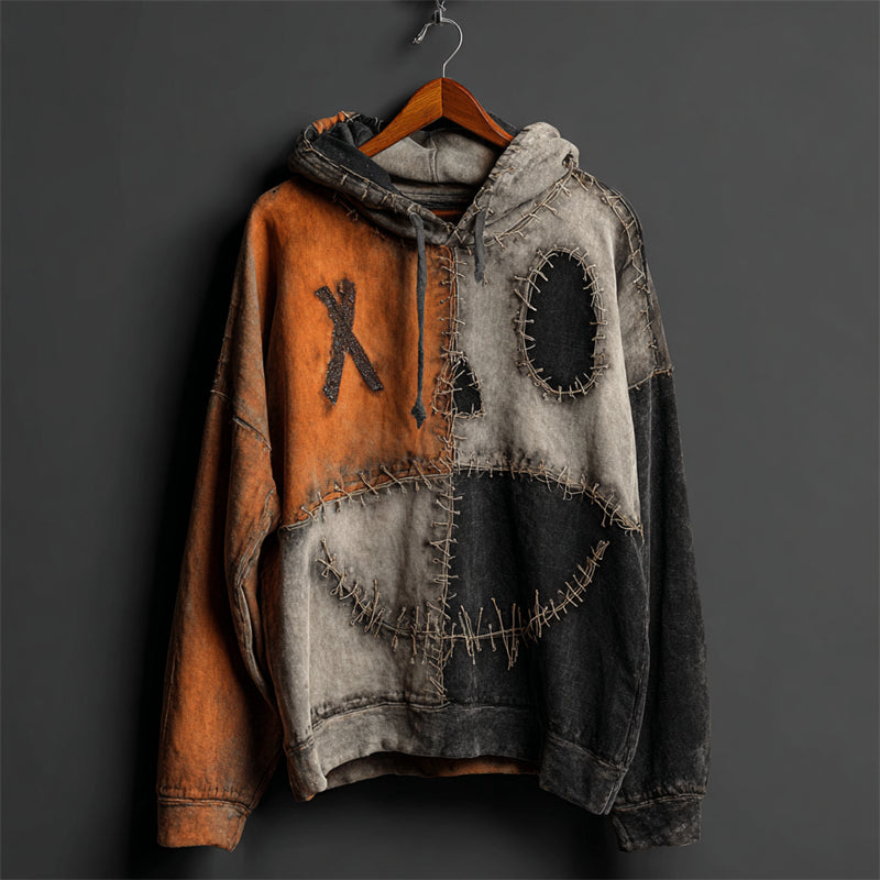 Halloween Pumpkin Face Colorblock Patchwork Hoodie