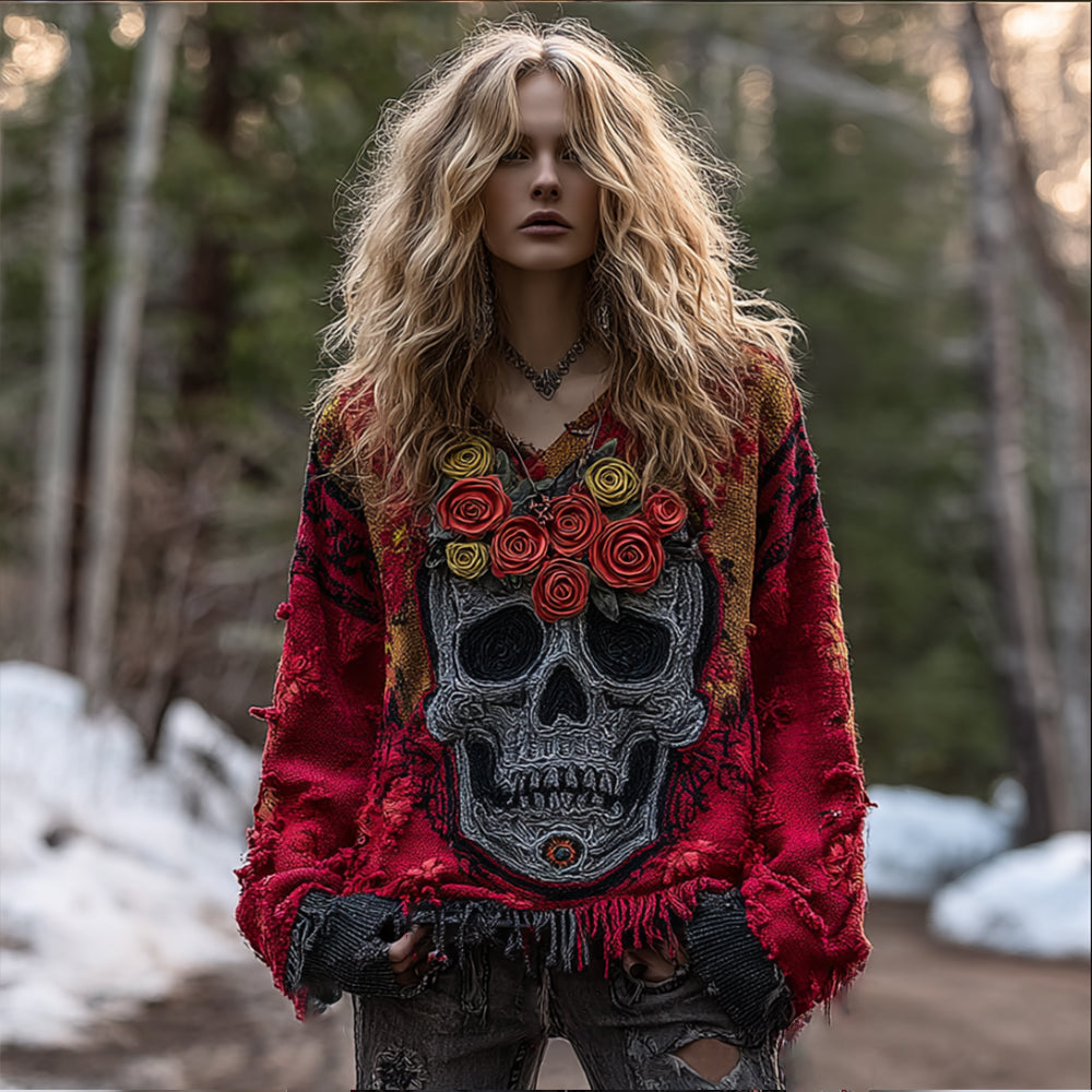 Women's Vintage Rose Skull-print Distressed V-neck Top