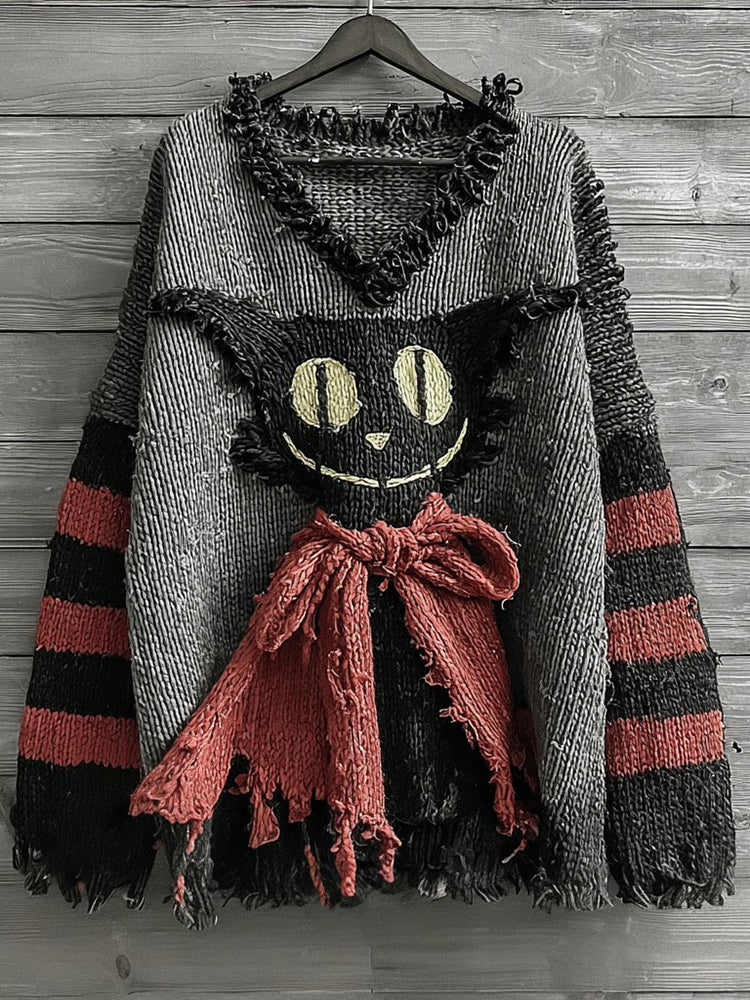 Halloween Caped Black Cat Striped Knitted Cozy V-neck Sweater