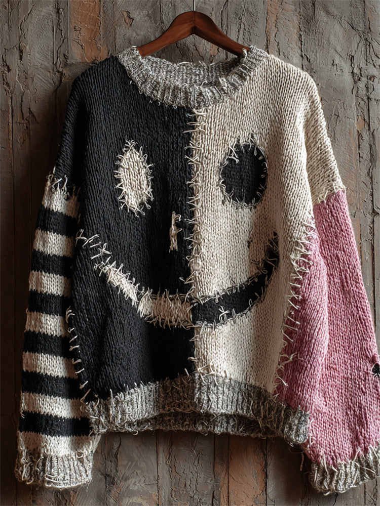 Halloween Spooky Face Contrast Stitched Cozy Knit Sweater