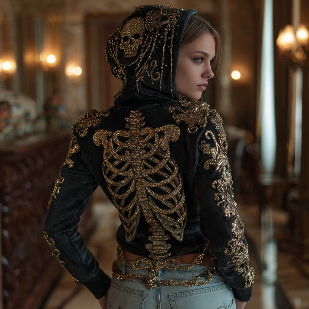 Women's Gothic Skull And Floral Embroidery Comfortable Hoodie
