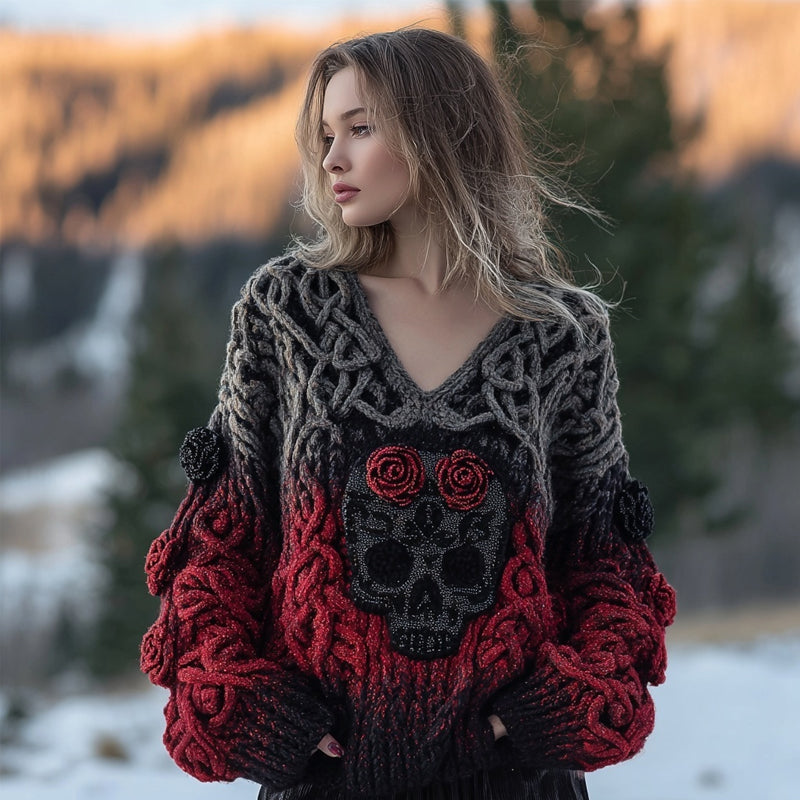 Vintage Red Roses Skull Viking Celtic V Neck Cozy Knit Sweater