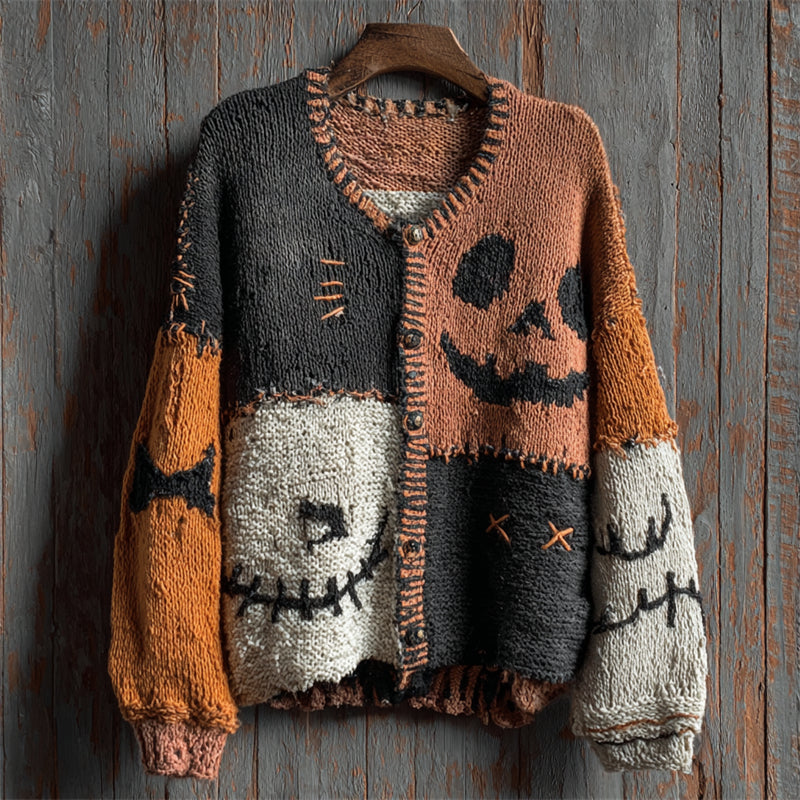 Halloween Pumpkin Face Colorblock Stitched Cozy Knit Cardigan