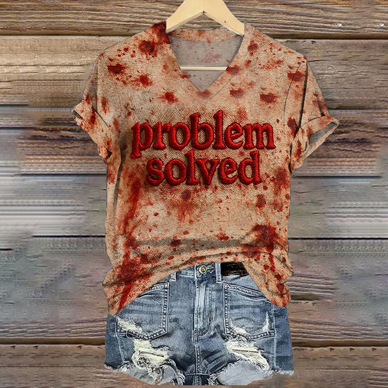 Vintage Bloodstained Bloody Problem Solved Halloween Art Pattern Print Cotton Graphic T-shirt