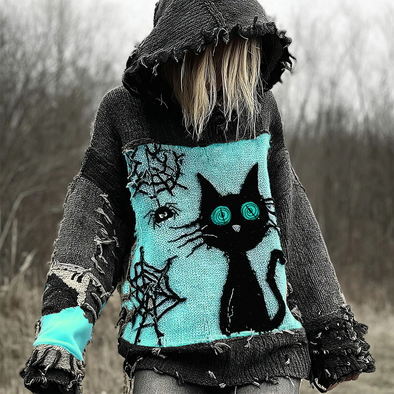 Halloween Scared Black Cat Patchwork Stitched Cozy Knit Hooded