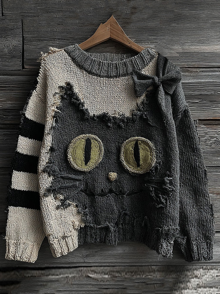 Halloween Cute Black Cat Striped Knitted Crew Neck Sweater