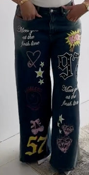 Graphic Print Wide - Leg Jeans