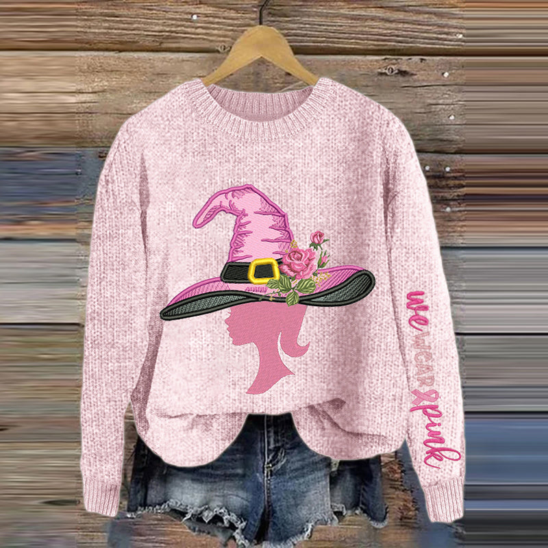 Pink Witch We Wear Pink Embroidery Art Women's Crew Neck Cozy Sweater
