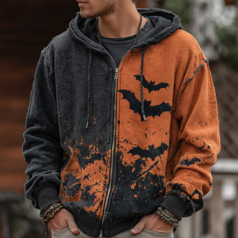 Men's Halloween Bats Embroidered Contrast Color Zip Up Hoodie