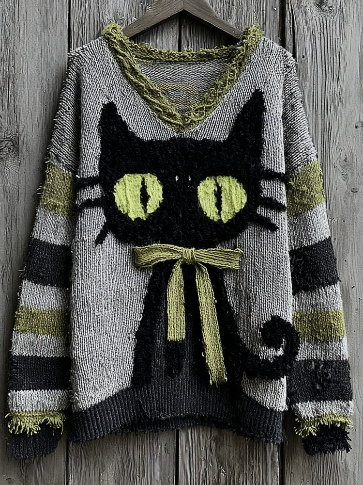 Halloween Black Cat Striped Knit V-neck Sweater