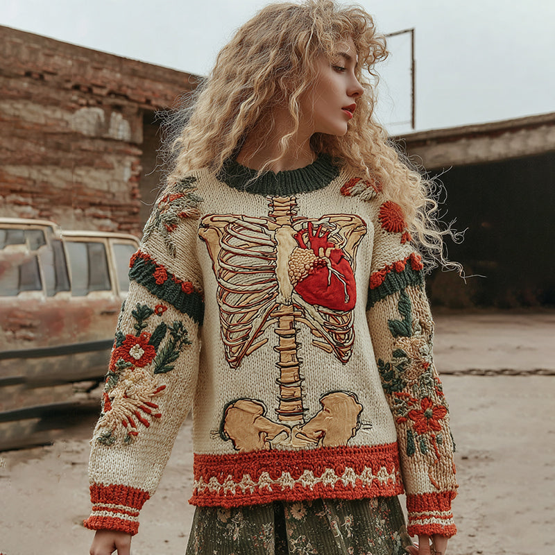 Vintage Halloween Anatomy With Floral Art Chunky Knitted Sweater