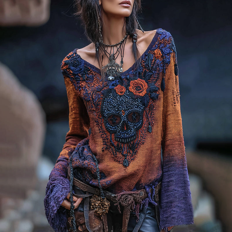 Rose Skull Rhinestone Contrast V Neck T-shirt
