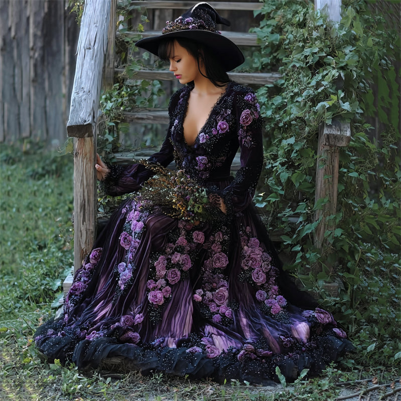 Vintage Witch Purple Roses Glitter Embroidered Wide Skirted Dress