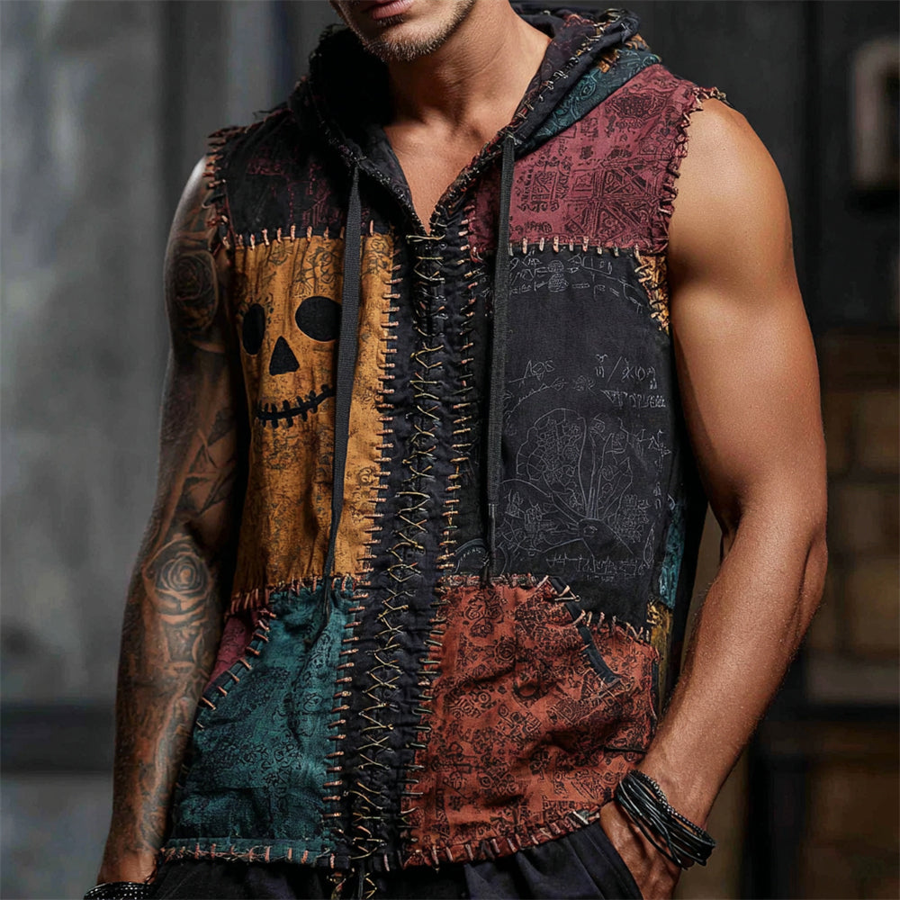 Halloween Pumpkin Emoji Thread Patchwork Art Men's Hooded Tank